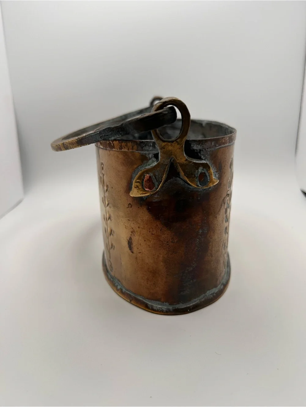Vintage Brass Copper Handle Pot Engraved Beautiful Patina